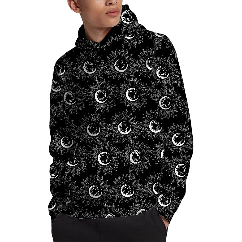 White And Black Sunflower Pattern Print Pullover Hoodie