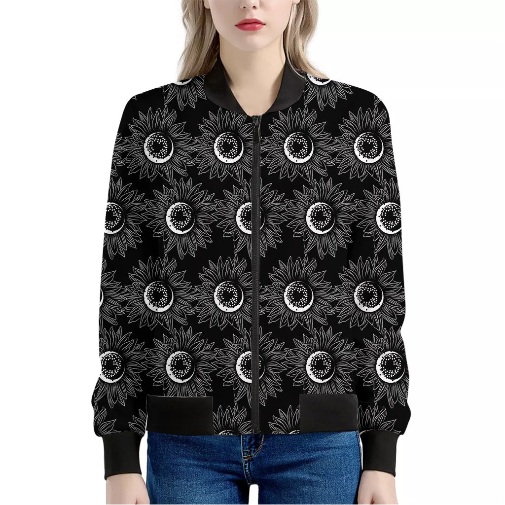 White And Black Sunflower Pattern Print Women's Bomber Jacket