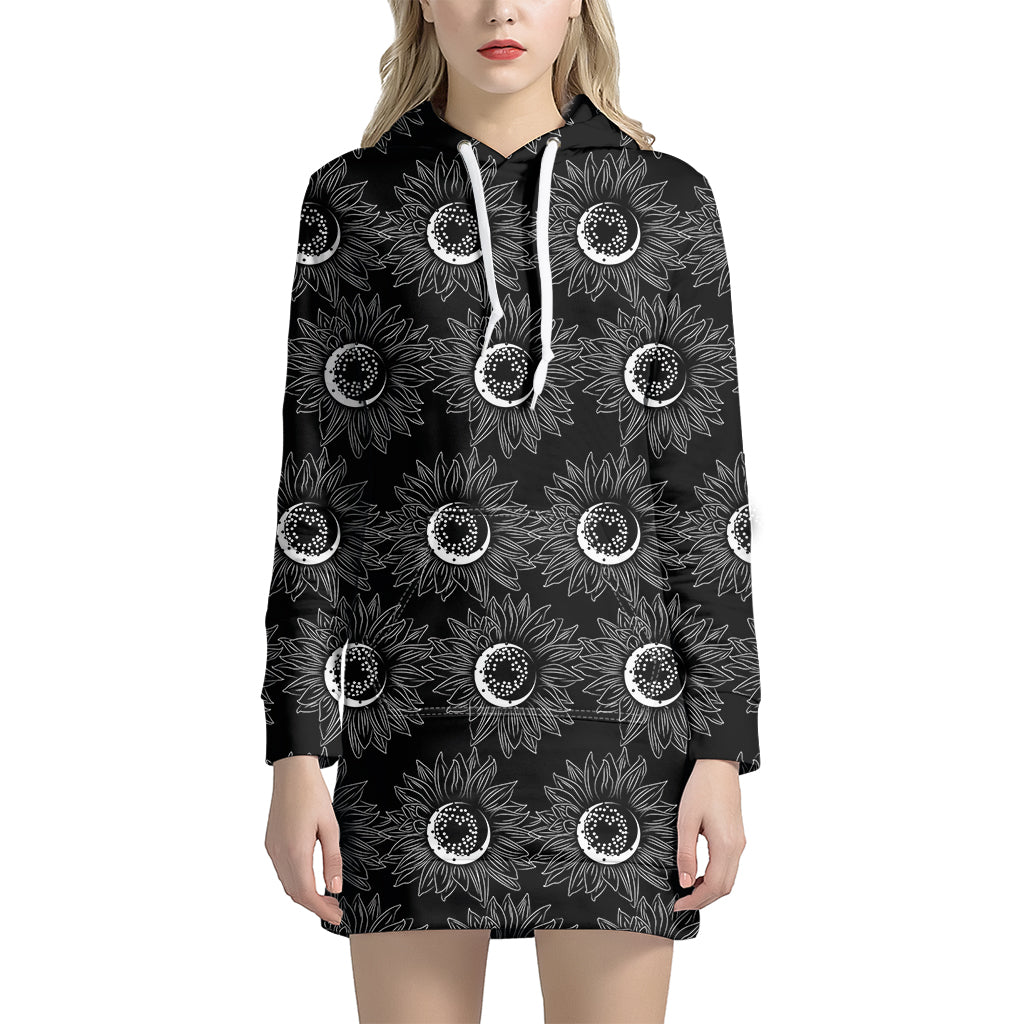 White And Black Sunflower Pattern Print Women's Pullover Hoodie Dress