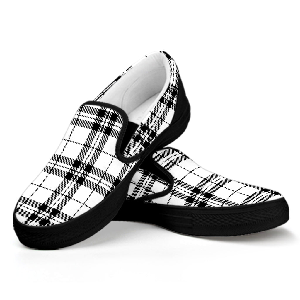 White And Black Tartan Pattern Print Black Slip On Shoes