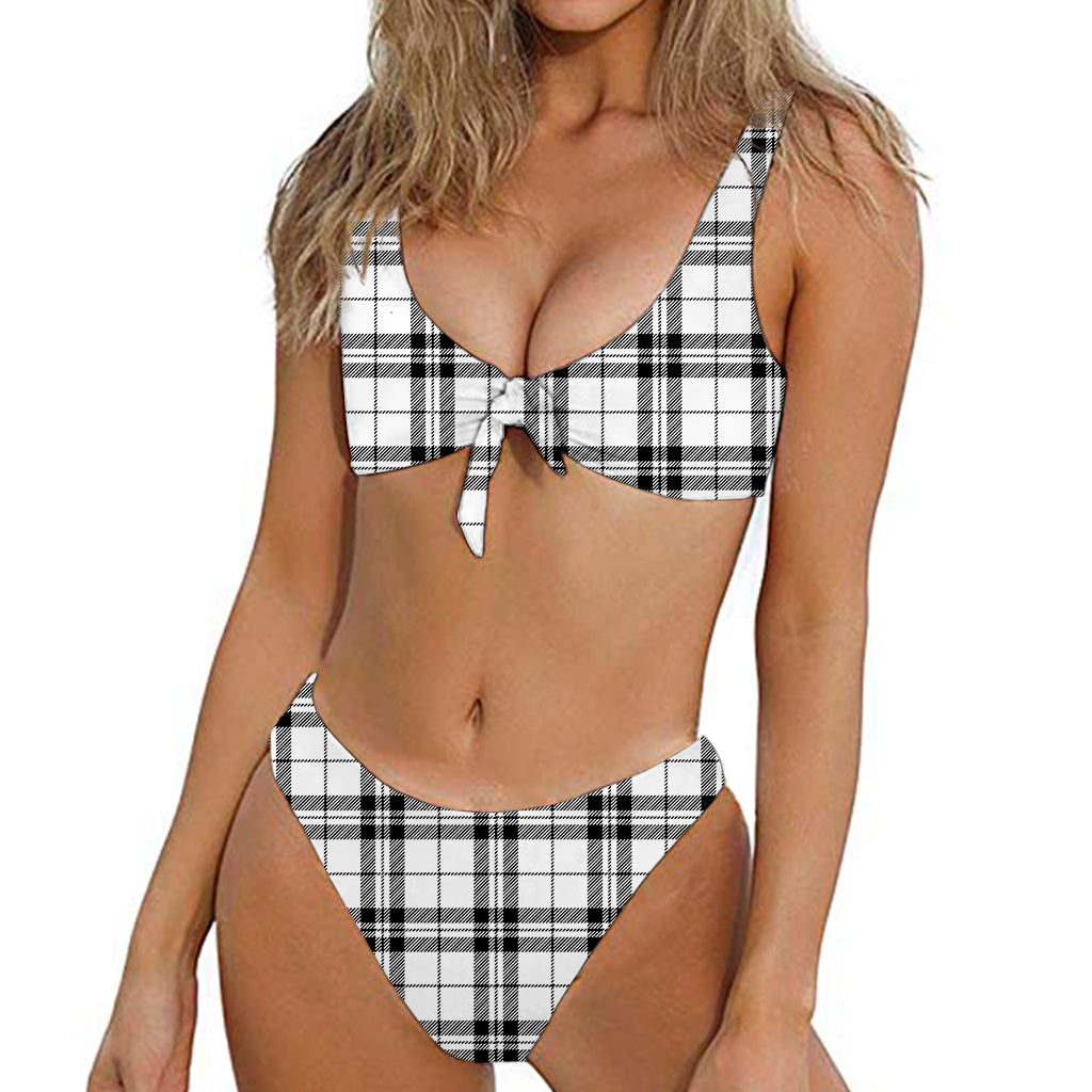 White And Black Tartan Pattern Print Front Bow Tie Bikini