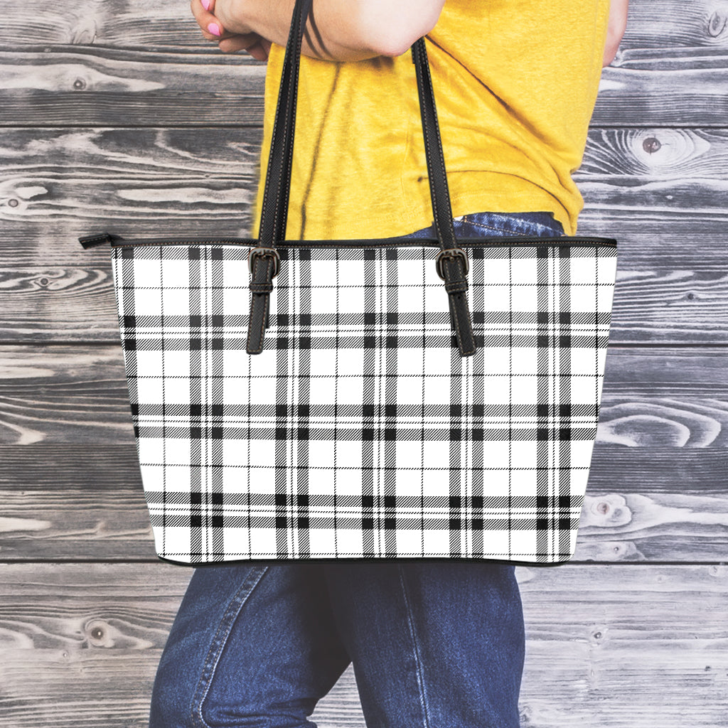 White And Black Tartan Pattern Print Leather Tote Bag