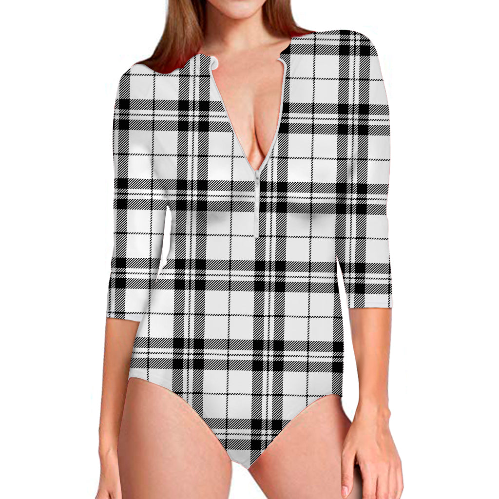 White And Black Tartan Pattern Print Long Sleeve One Piece Swimsuit