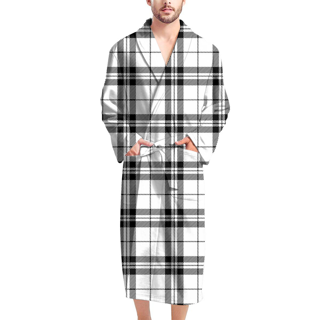 White And Black Tartan Pattern Print Men's Bathrobe