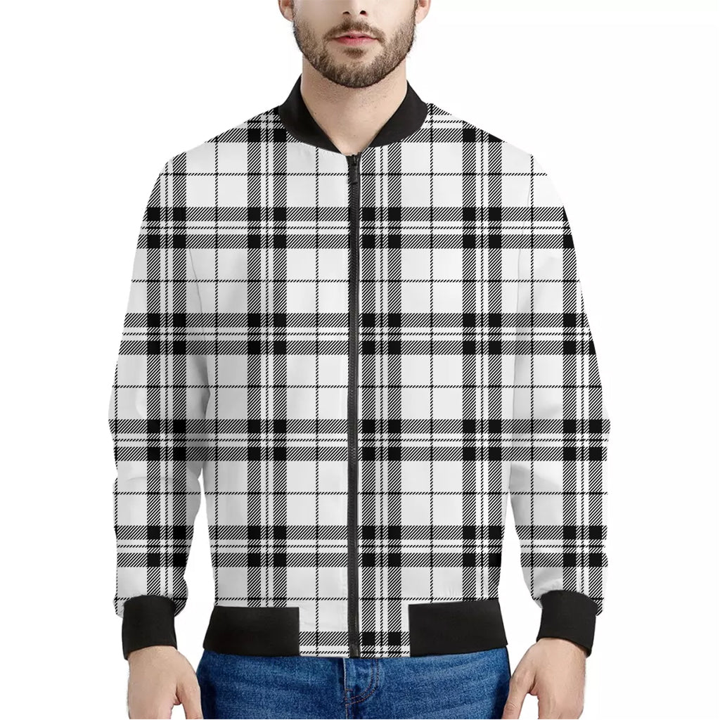 White And Black Tartan Pattern Print Men's Bomber Jacket