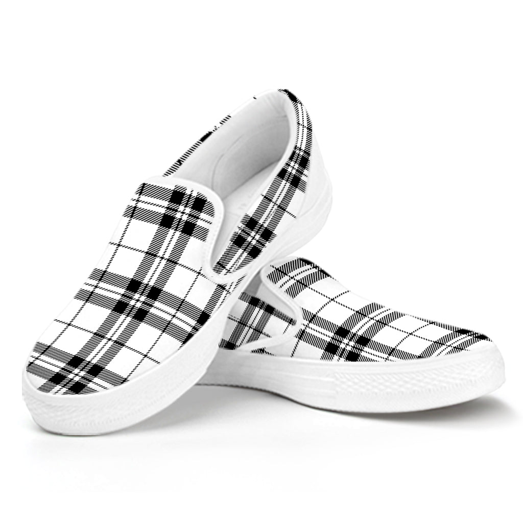 White And Black Tartan Pattern Print White Slip On Shoes