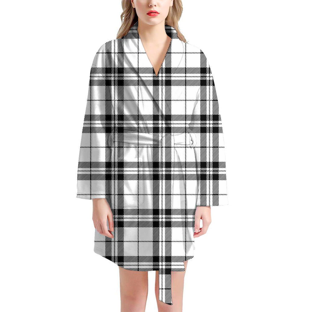 White And Black Tartan Pattern Print Women's Bathrobe