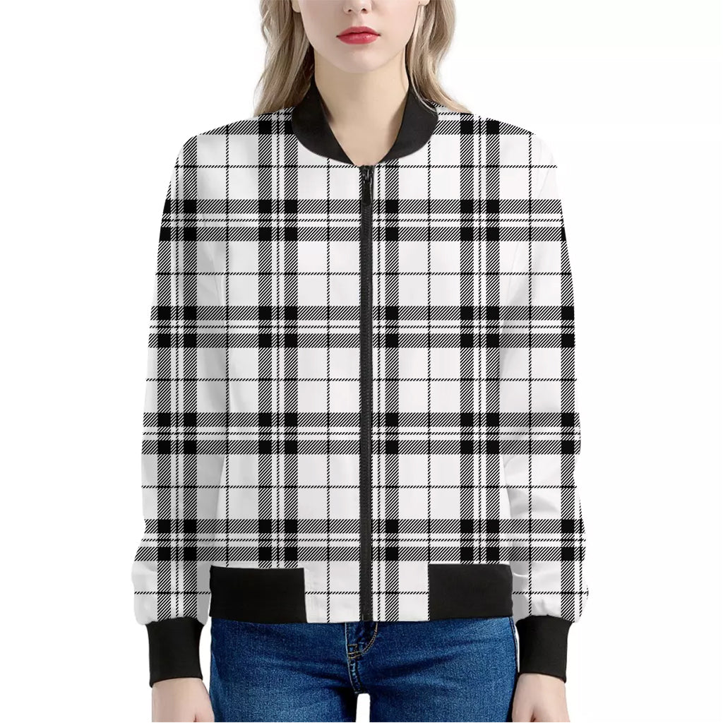 White And Black Tartan Pattern Print Women's Bomber Jacket