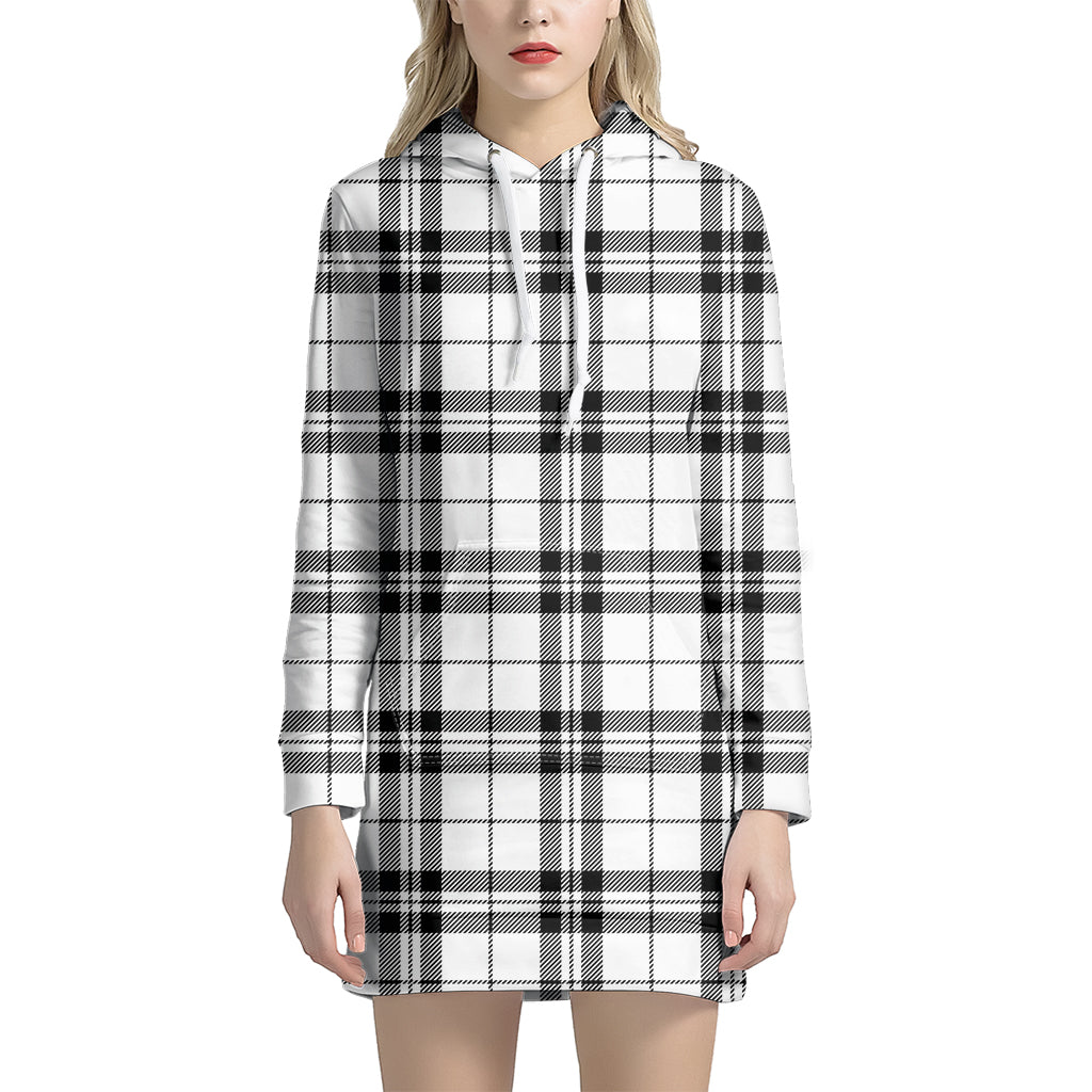 White And Black Tartan Pattern Print Women's Pullover Hoodie Dress