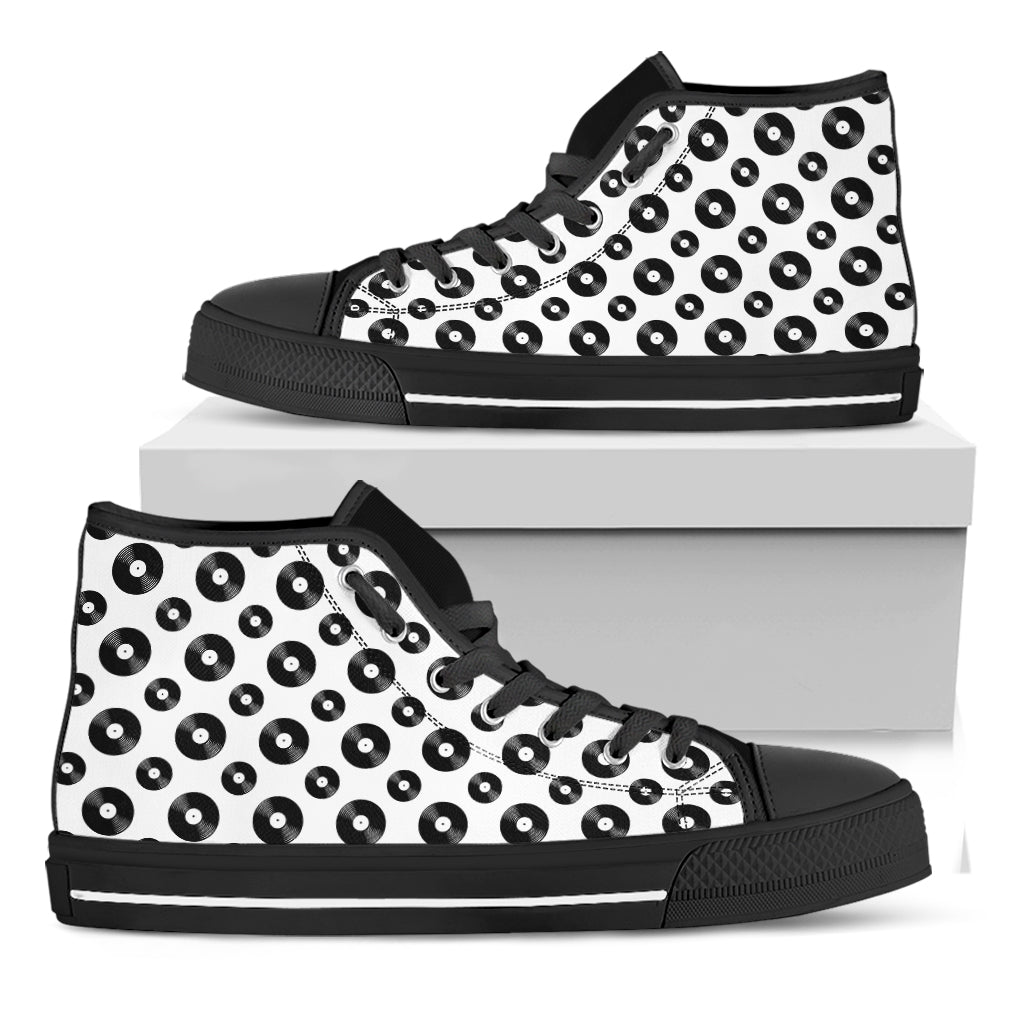 White And Black Vinyl Pattern Print Black High Top Shoes