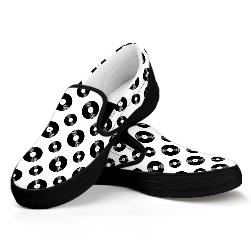 White And Black Vinyl Pattern Print Black Slip On Shoes