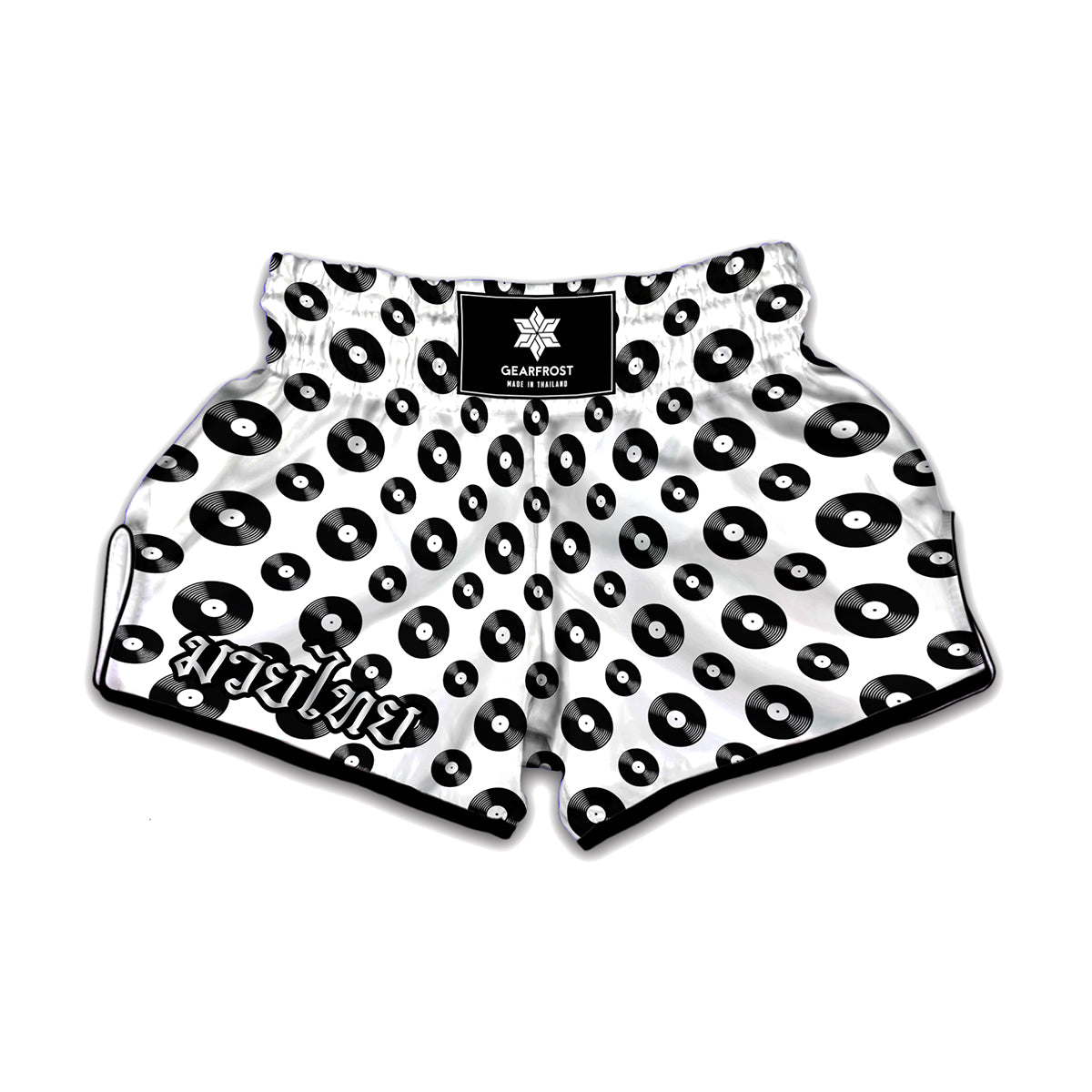 White And Black Vinyl Pattern Print Muay Thai Boxing Shorts