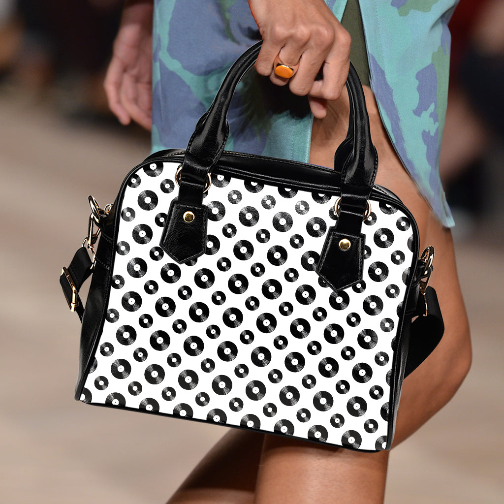 White And Black Vinyl Pattern Print Shoulder Handbag