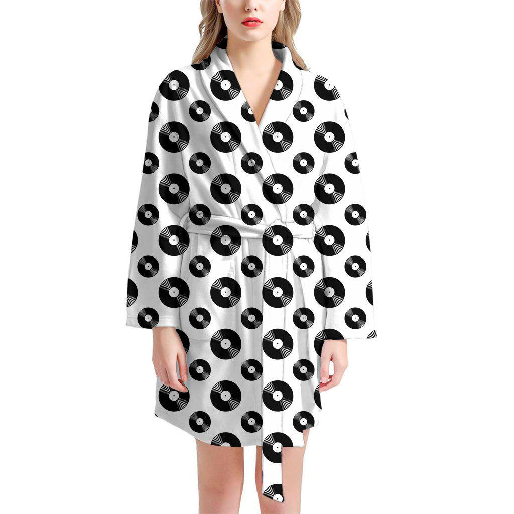 White And Black Vinyl Pattern Print Women's Bathrobe