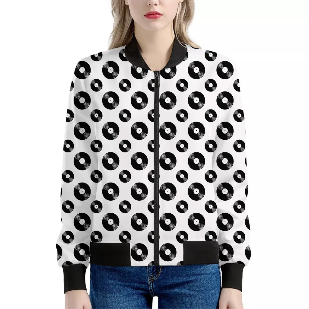 White And Black Vinyl Pattern Print Women's Bomber Jacket