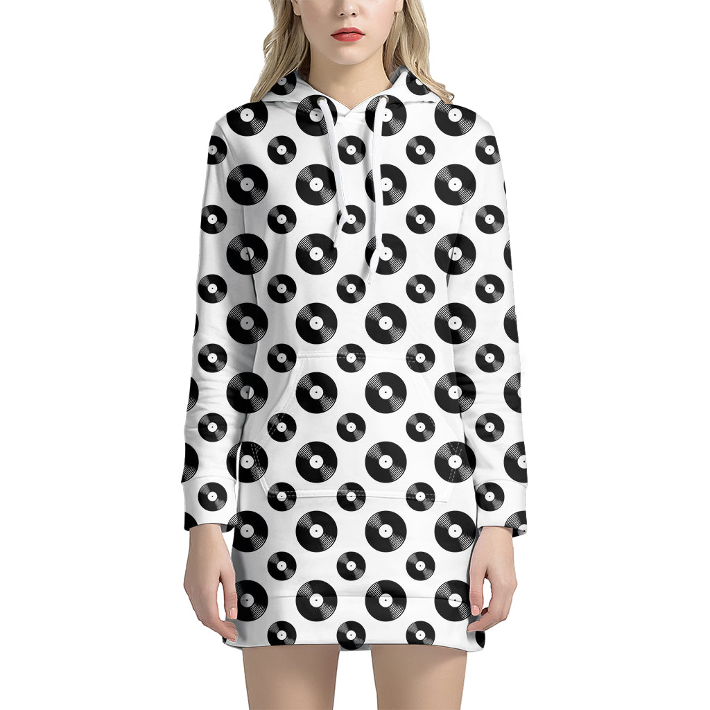 White And Black Vinyl Pattern Print Women's Pullover Hoodie Dress