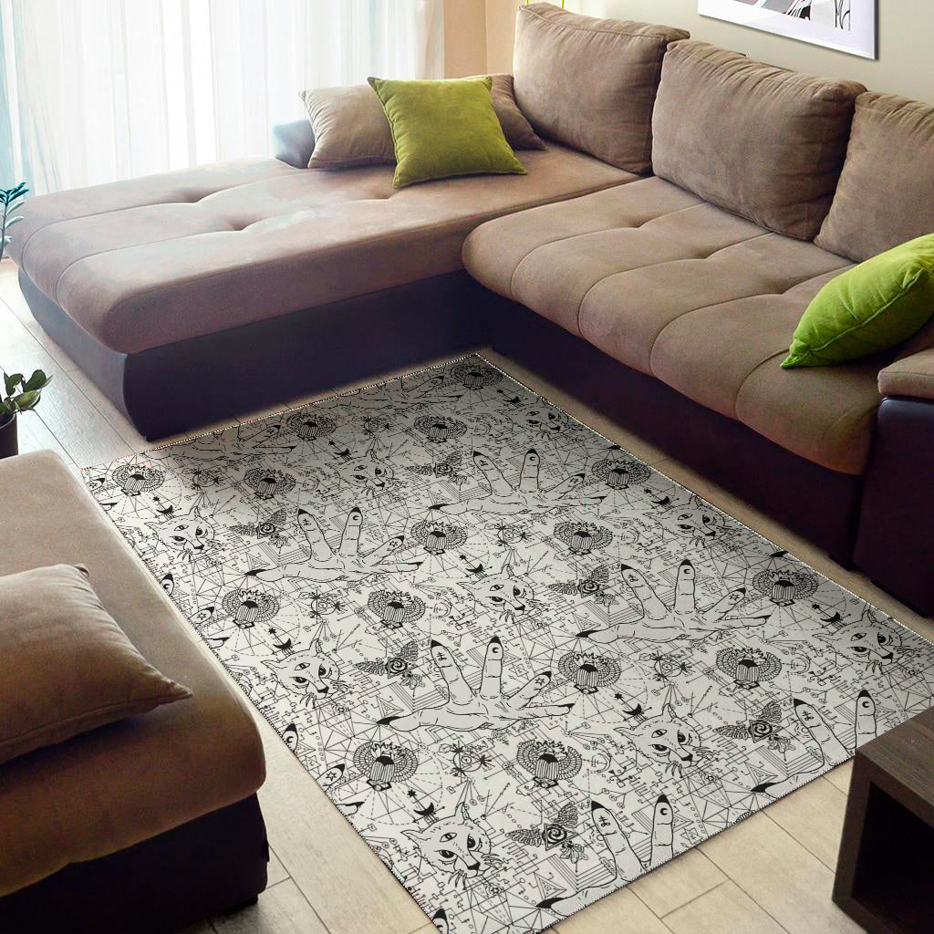 White And Black Wicca Magical Print Area Rug