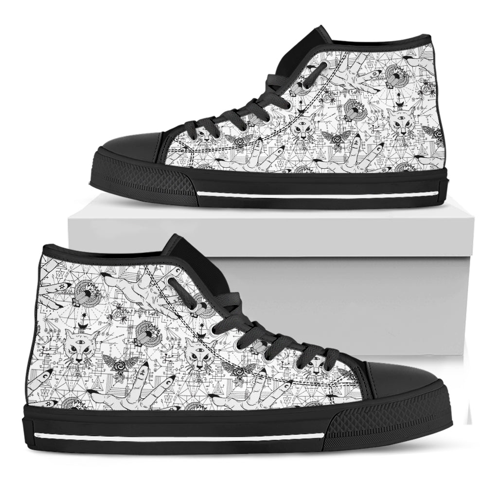 White And Black Wicca Magical Print Black High Top Shoes