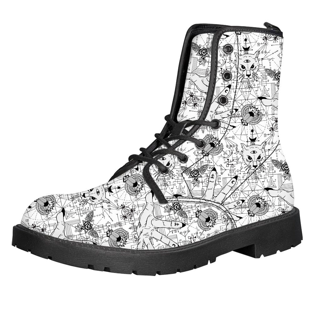 White And Black Wicca Magical Print Leather Boots