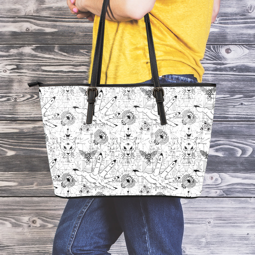 White And Black Wicca Magical Print Leather Tote Bag