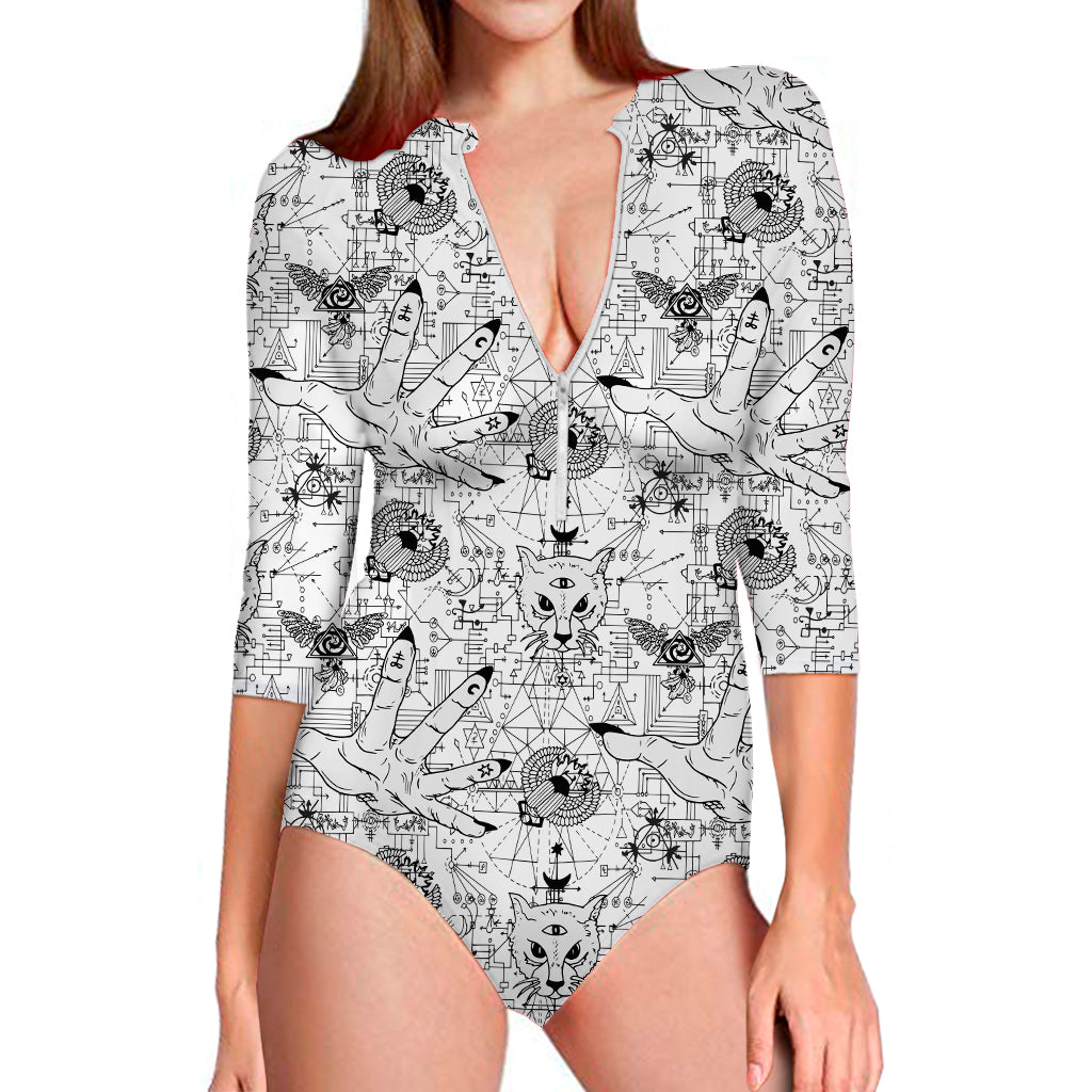 White And Black Wicca Magical Print Long Sleeve One Piece Swimsuit