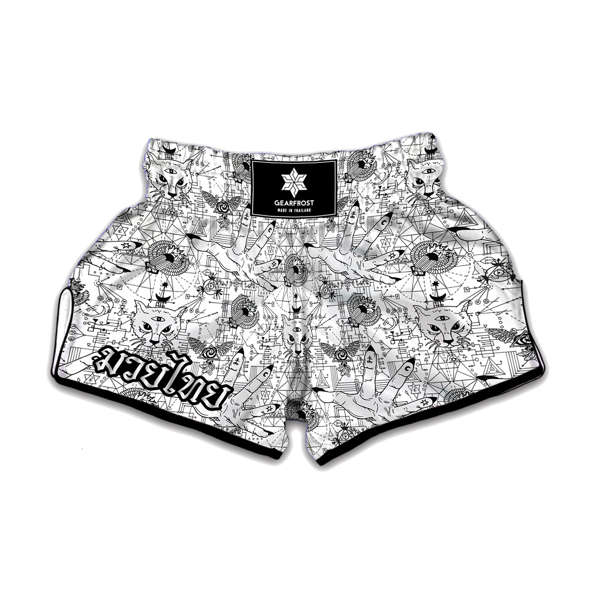 White And Black Wicca Magical Print Muay Thai Boxing Shorts