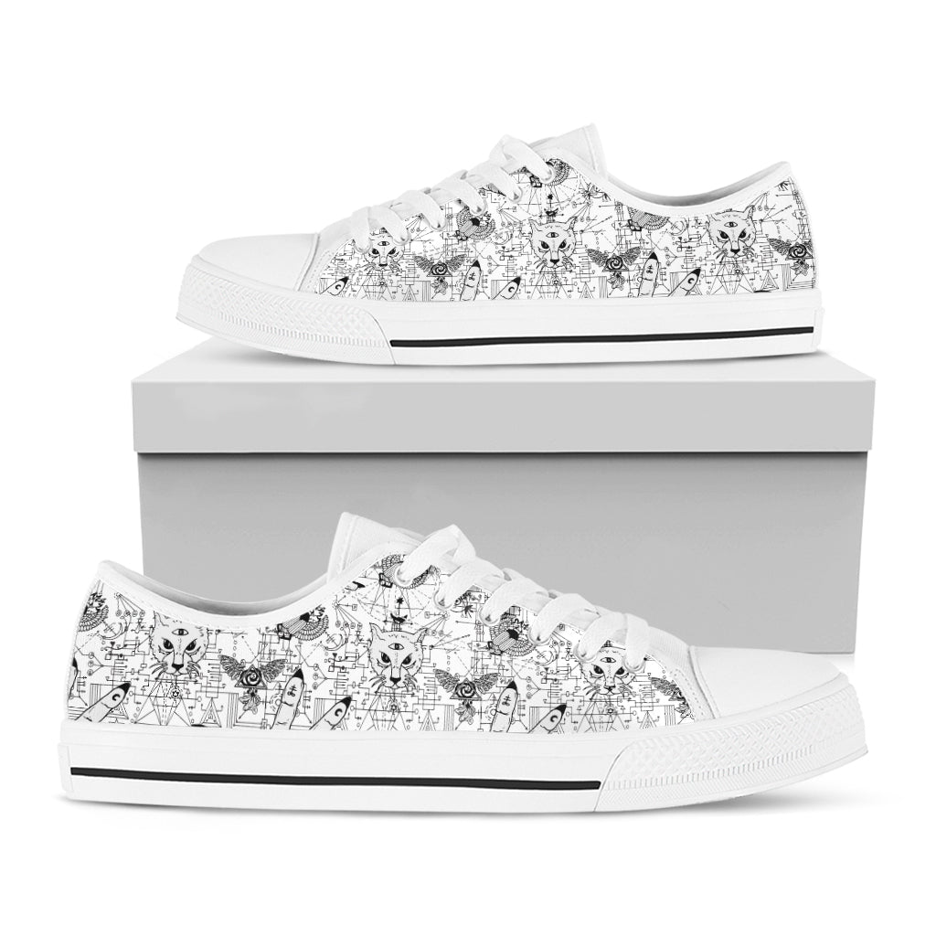 White And Black Wicca Magical Print White Low Top Shoes