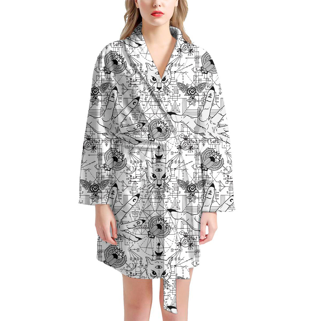 White And Black Wicca Magical Print Women's Bathrobe