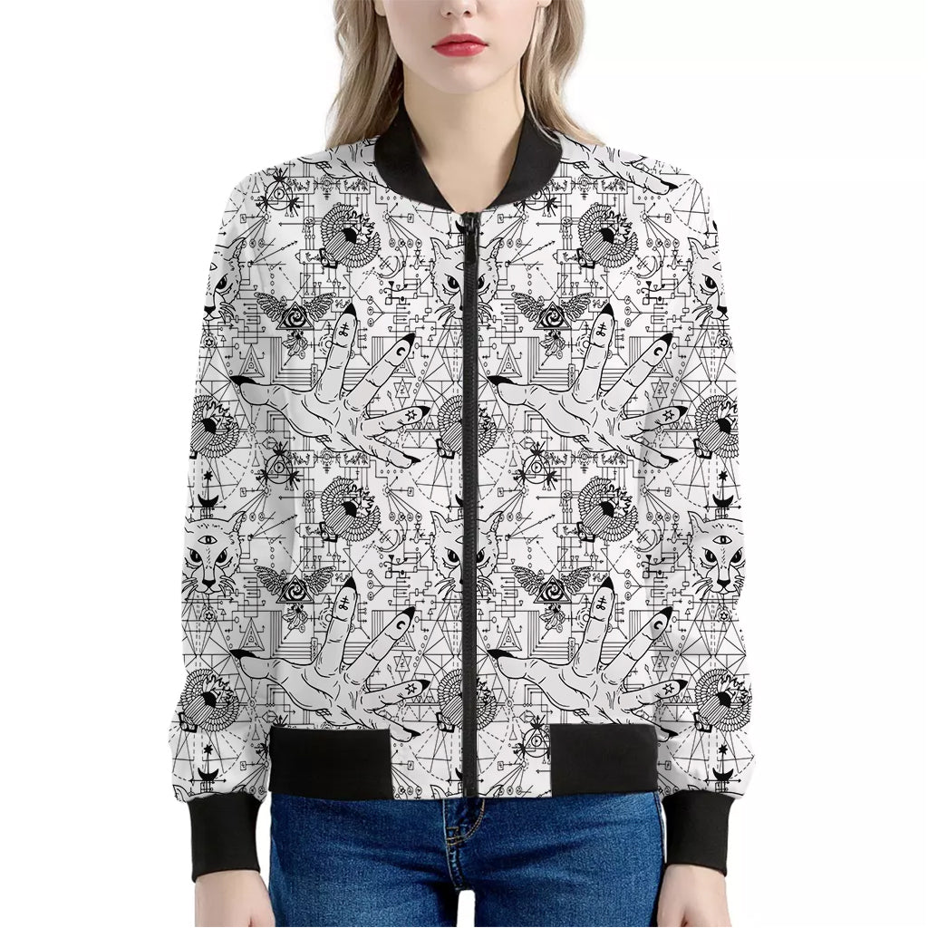 White And Black Wicca Magical Print Women's Bomber Jacket