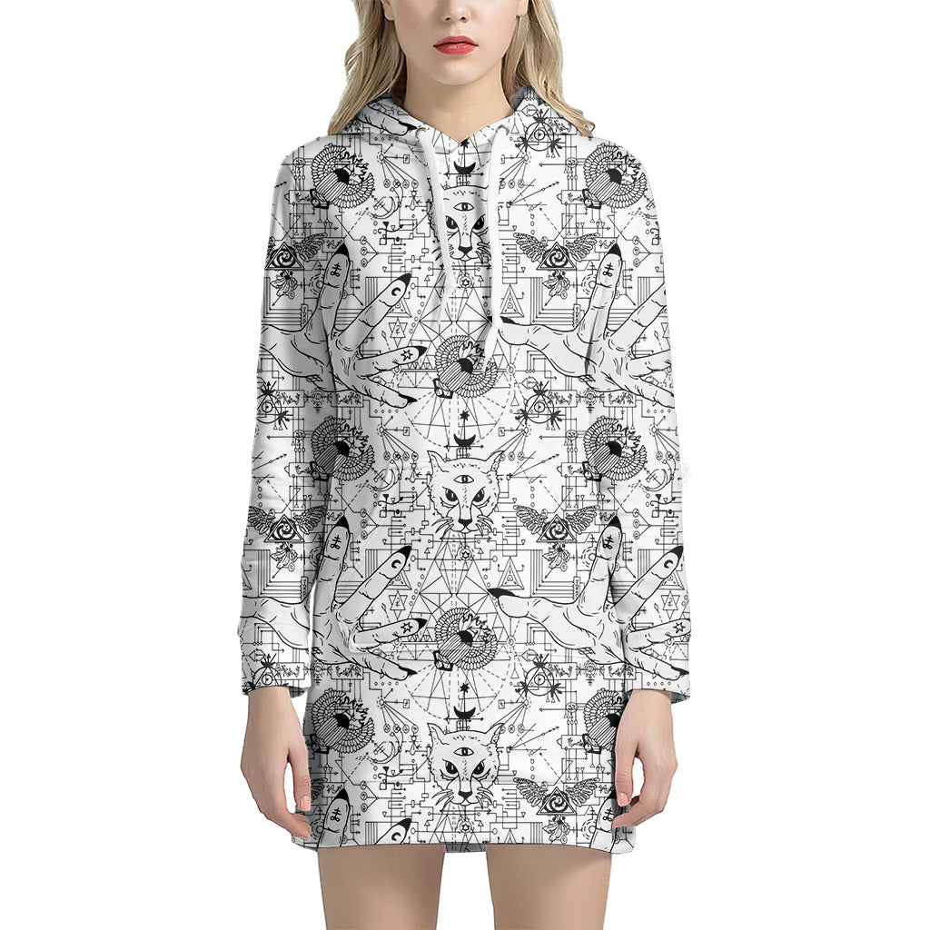 White And Black Wicca Magical Print Women's Pullover Hoodie Dress