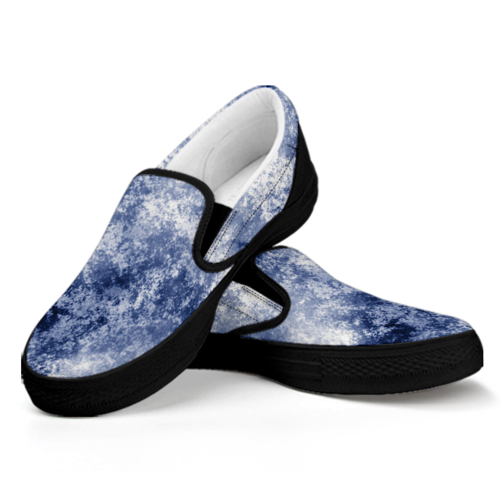 White And Blue Acid Wash Tie Dye Print Black Slip On Shoes