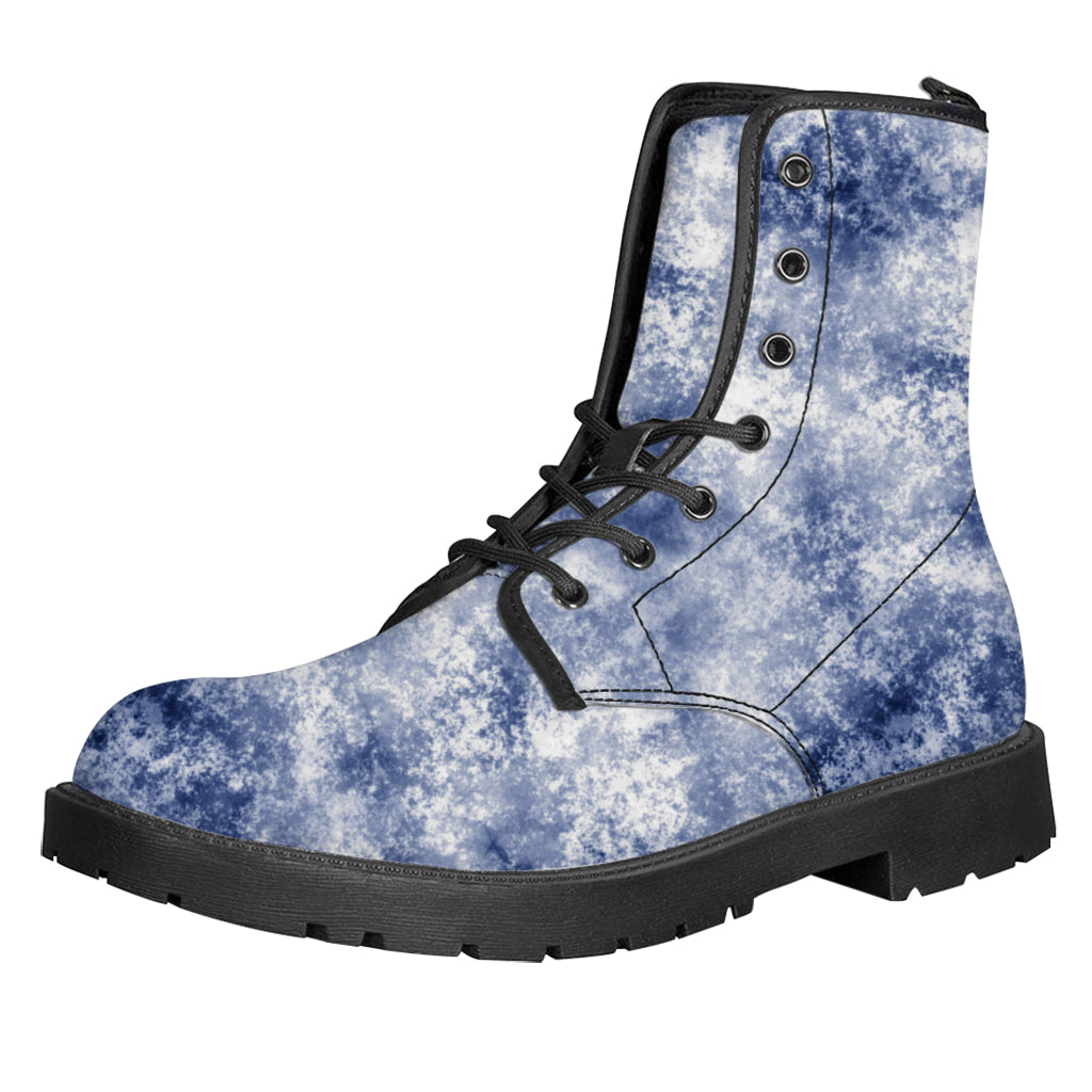 White And Blue Acid Wash Tie Dye Print Leather Boots