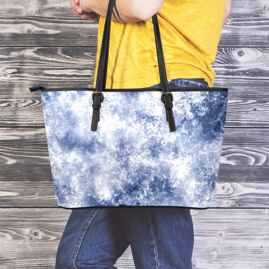 White And Blue Acid Wash Tie Dye Print Leather Tote Bag