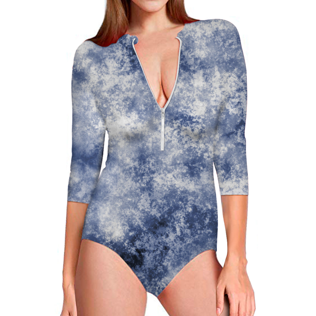 White And Blue Acid Wash Tie Dye Print Long Sleeve One Piece Swimsuit