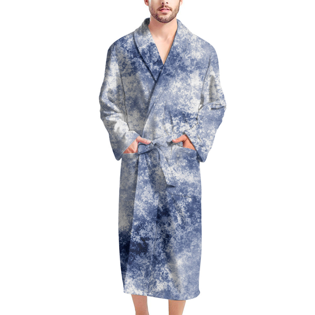 White And Blue Acid Wash Tie Dye Print Men's Bathrobe