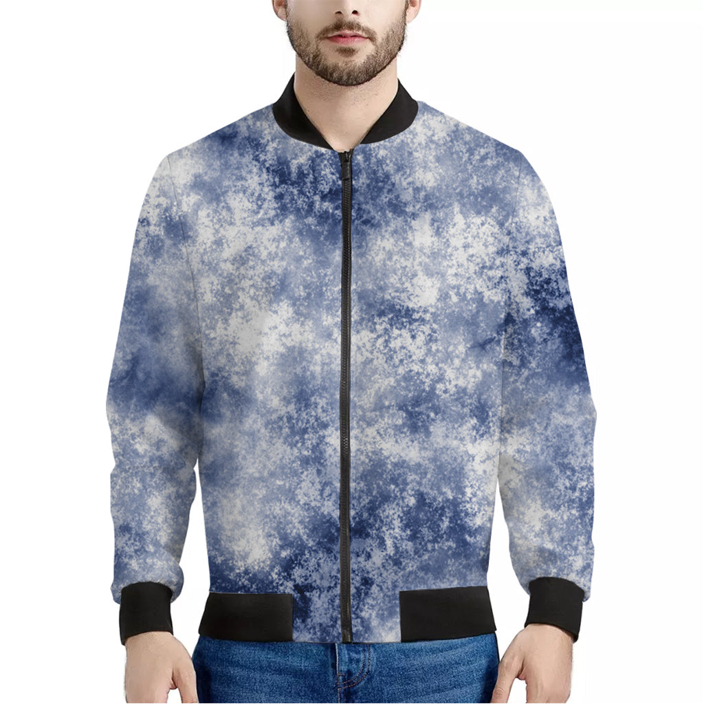 White And Blue Acid Wash Tie Dye Print Men's Bomber Jacket