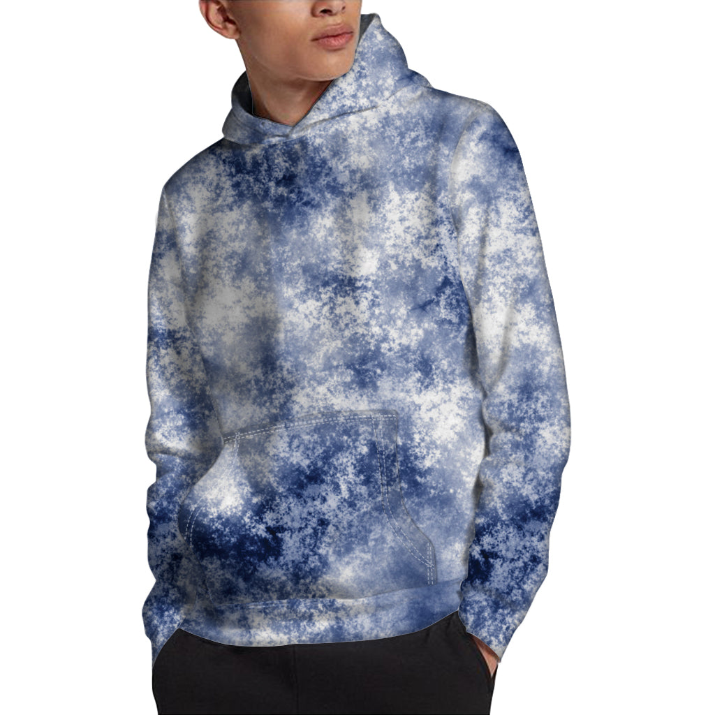 White And Blue Acid Wash Tie Dye Print Pullover Hoodie