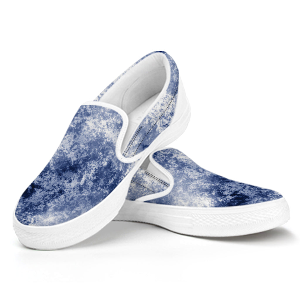 White And Blue Acid Wash Tie Dye Print White Slip On Shoes