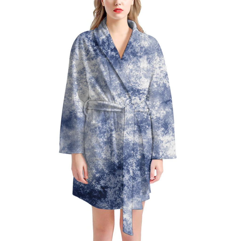 White And Blue Acid Wash Tie Dye Print Women's Bathrobe