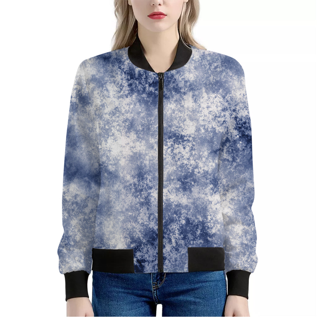 White And Blue Acid Wash Tie Dye Print Women's Bomber Jacket