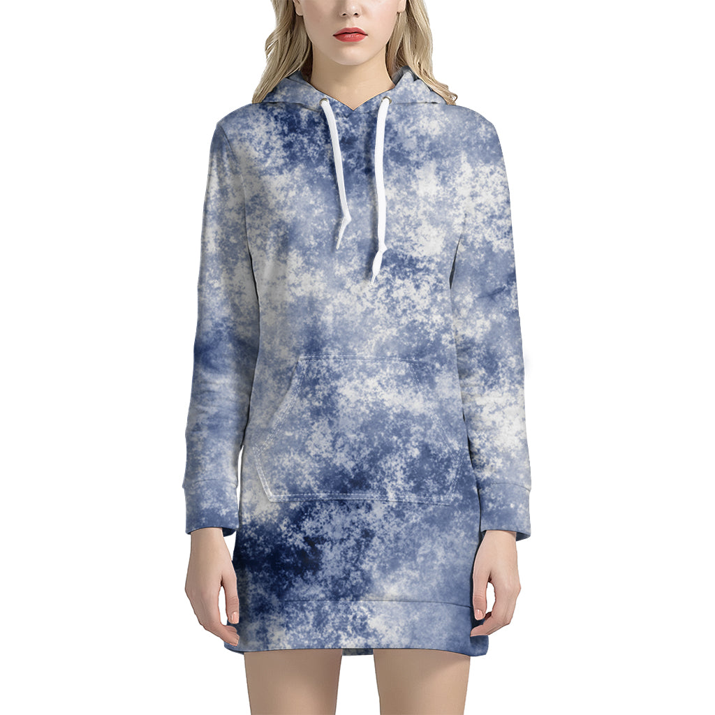 White And Blue Acid Wash Tie Dye Print Women's Pullover Hoodie Dress