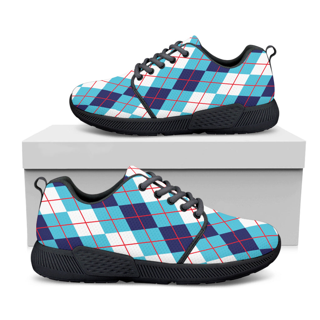 White And Blue Argyle Pattern Print Black Athletic Shoes