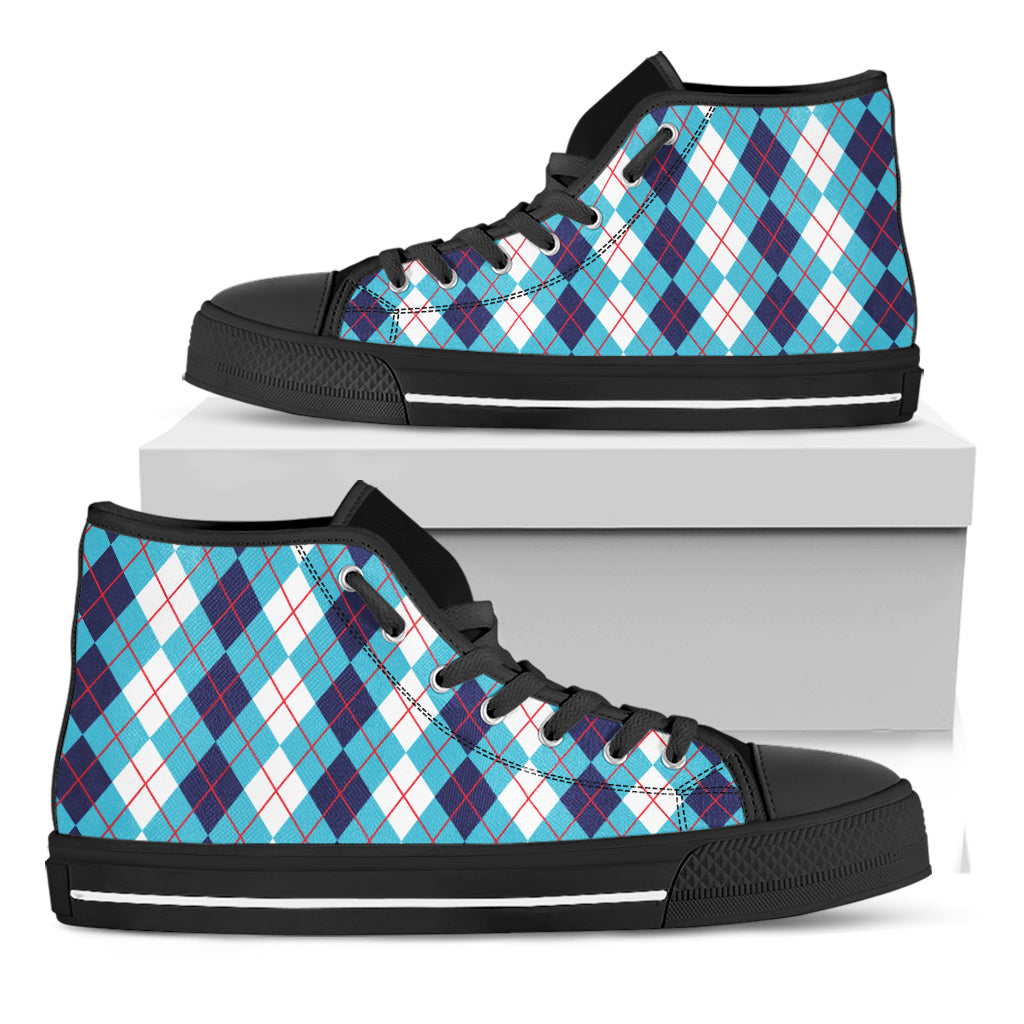 White And Blue Argyle Pattern Print Black High Top Shoes