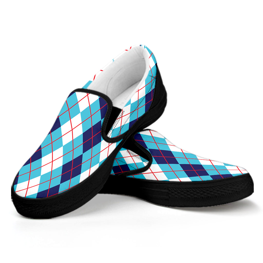 White And Blue Argyle Pattern Print Black Slip On Shoes