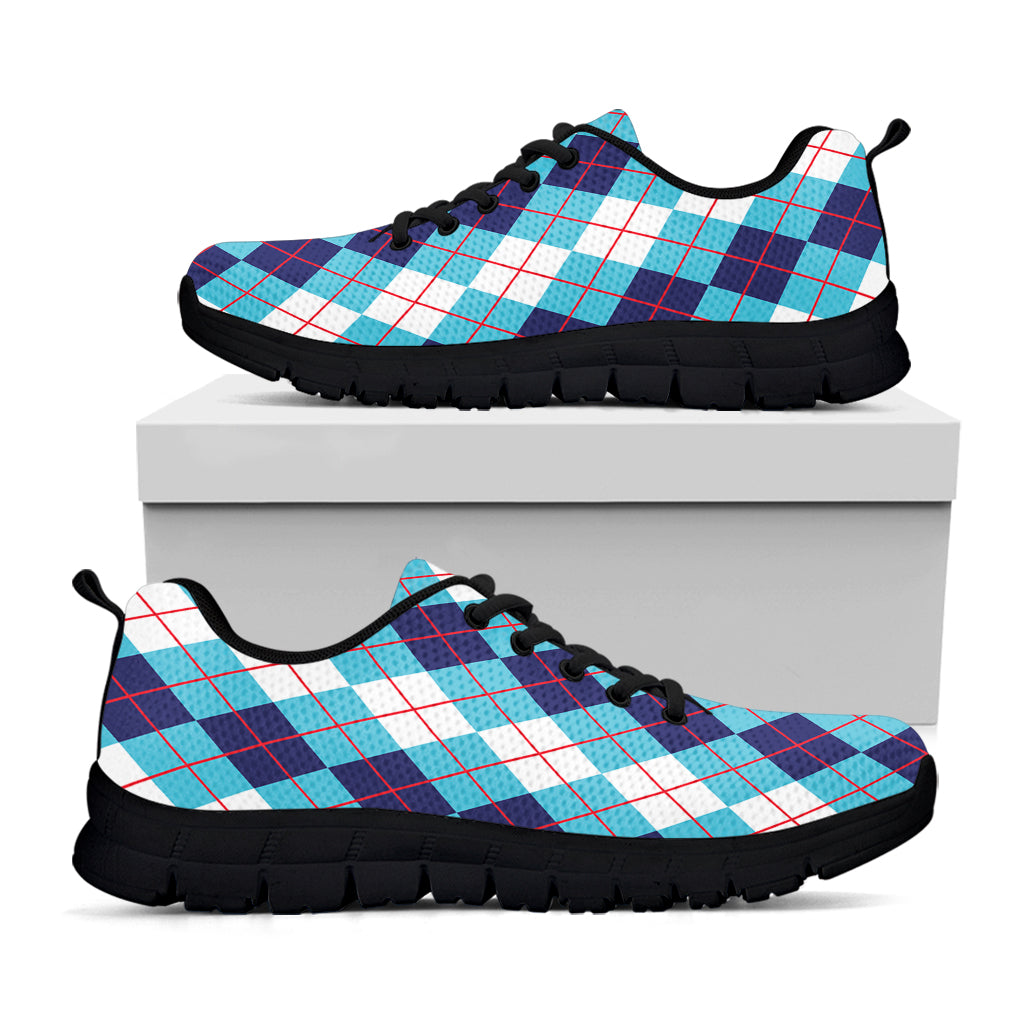 White And Blue Argyle Pattern Print Black Sneakers