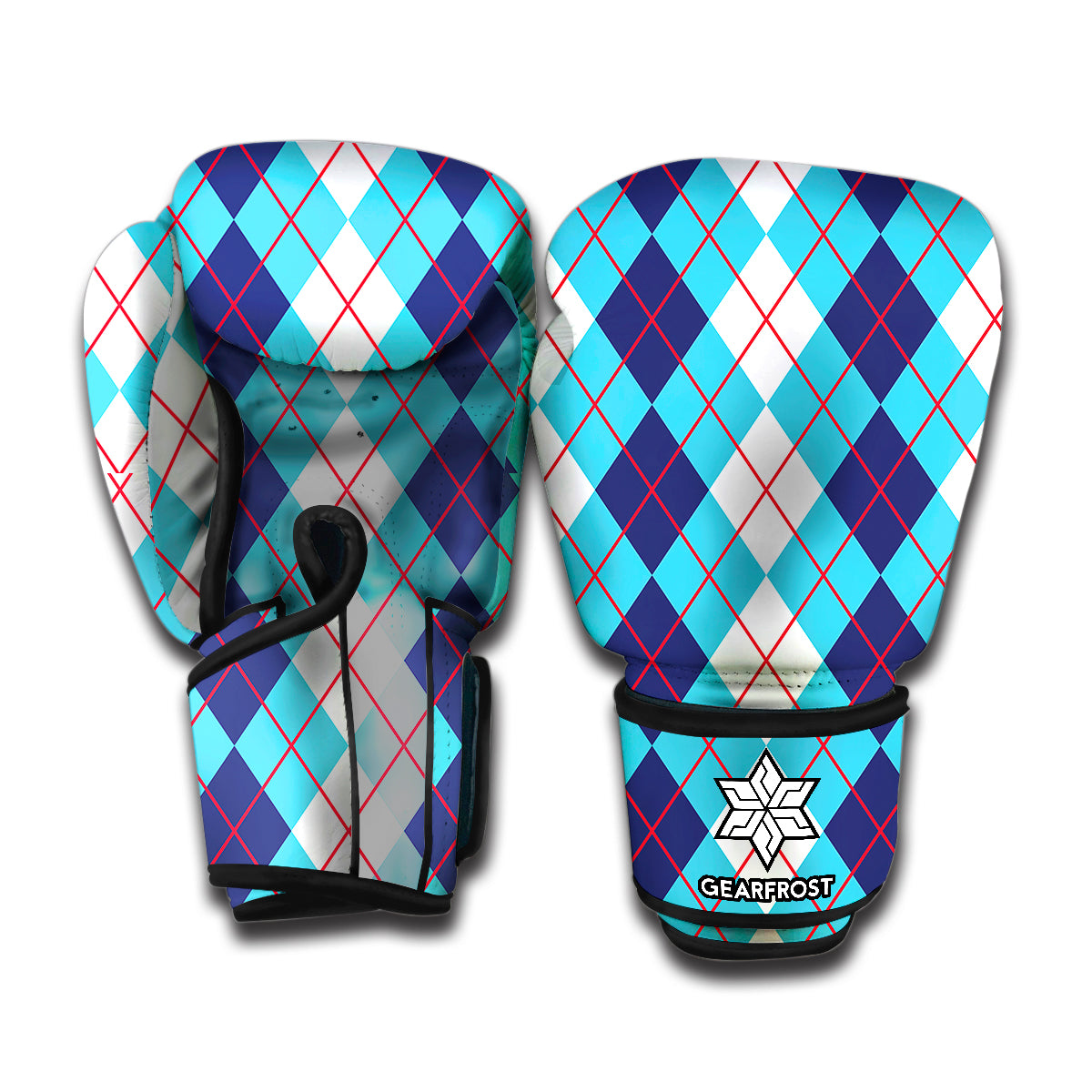 White And Blue Argyle Pattern Print Boxing Gloves