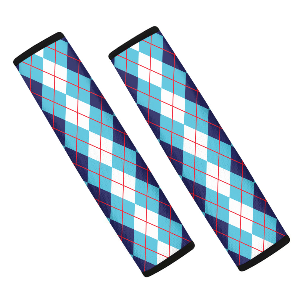 White And Blue Argyle Pattern Print Car Seat Belt Covers