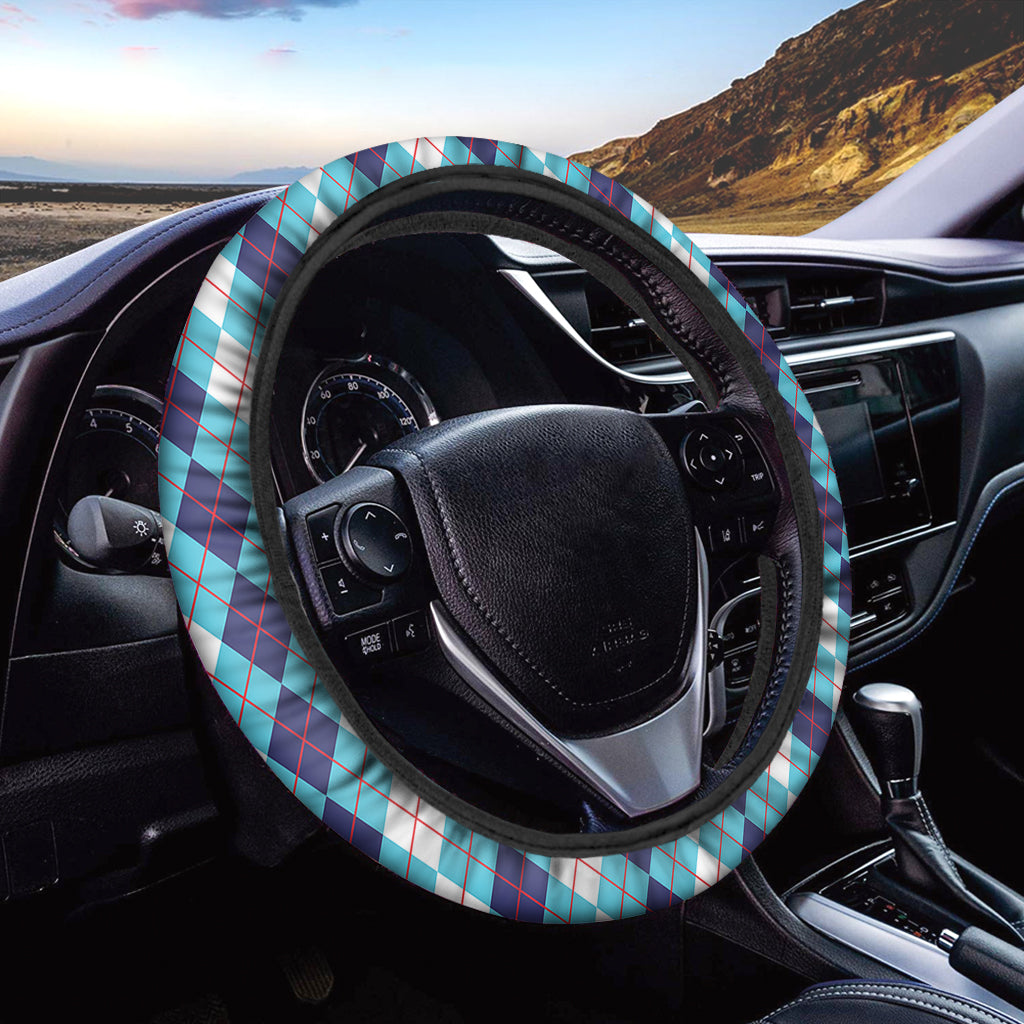 White And Blue Argyle Pattern Print Car Steering Wheel Cover