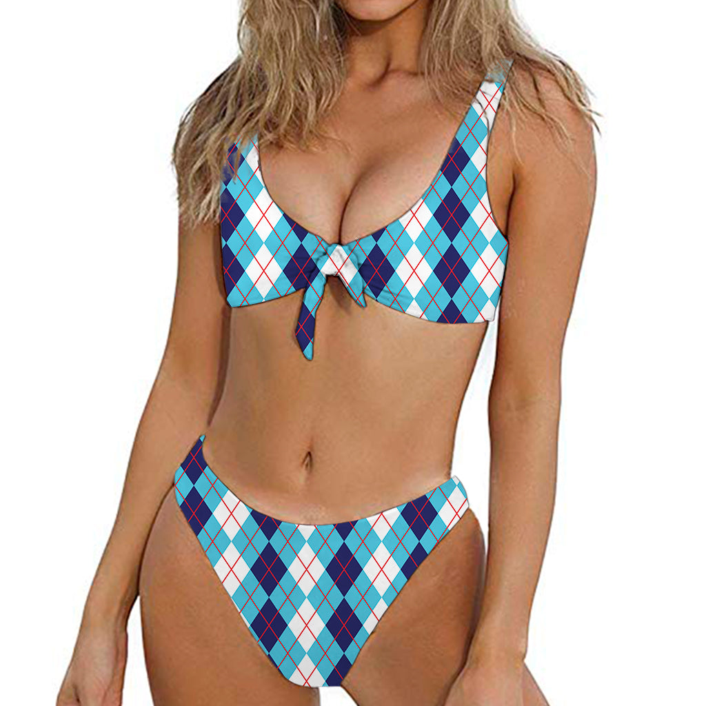 White And Blue Argyle Pattern Print Front Bow Tie Bikini