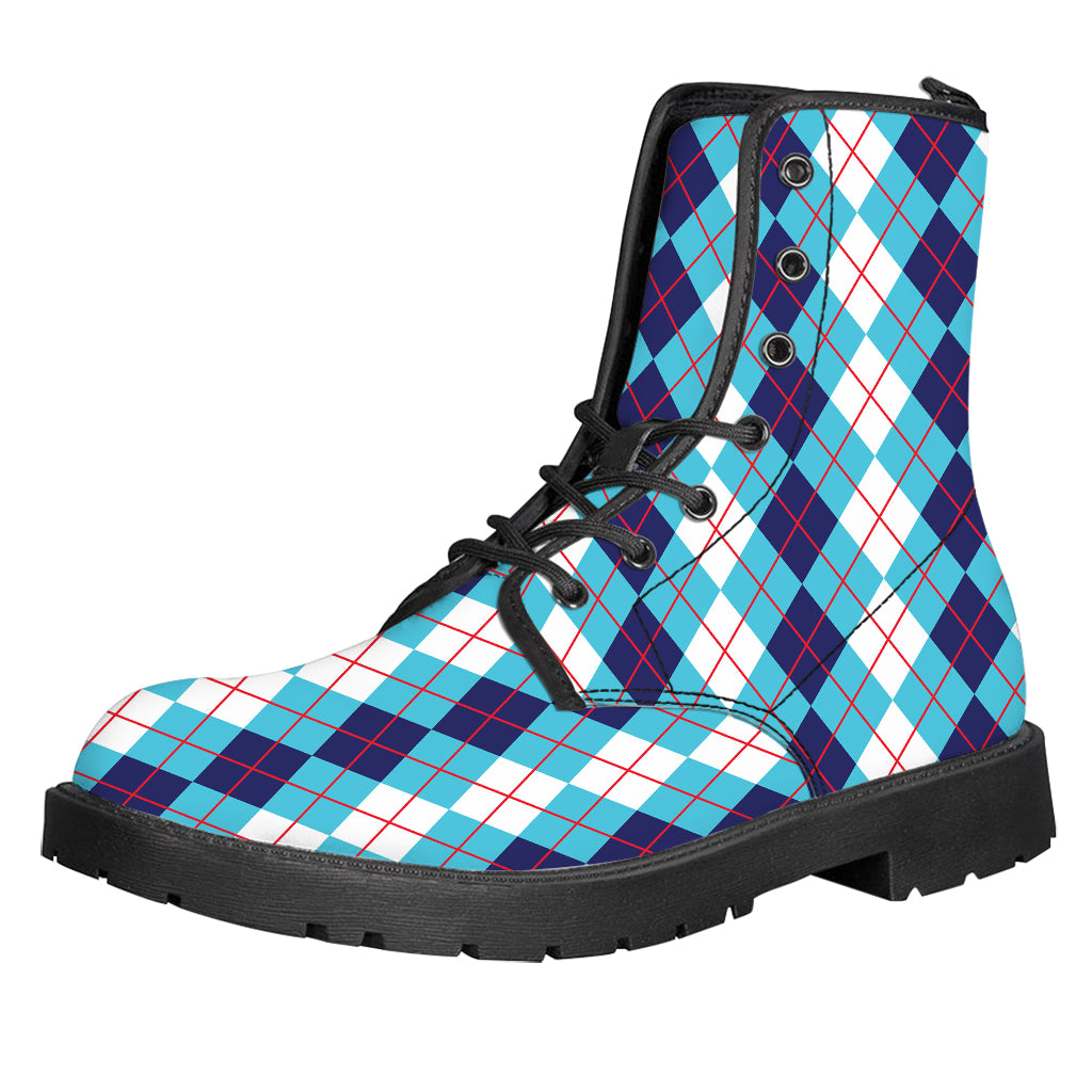 White And Blue Argyle Pattern Print Leather Boots